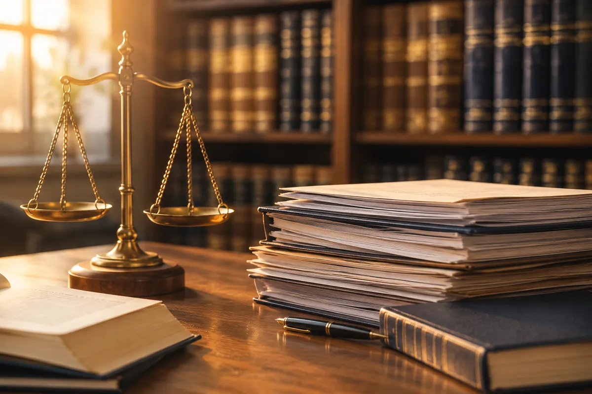 Waage der Justitia mit juristischen Dokumenten